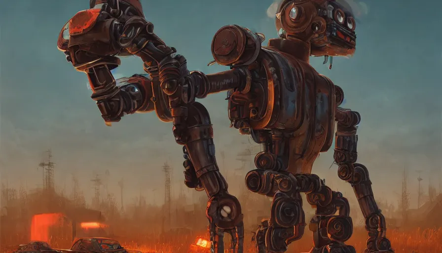 Image similar to a digital art portrait of post apocalyptic warhammer robot by Simon Stalenhag, rusty scrap four arms android character design, character sheet, 4k, ultra detail, volumetric lighting, unreal engine, octane render