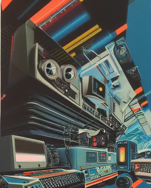 Prompt: a screen depicting 8 0 s era technology, vintage shapes, retro technology, vintage color, 1 9 8 0 s tech, classic color scheme wayne barlow, oil on canvas, deep depth of field, masterpiece, cinematic composition, hyperdetailed
