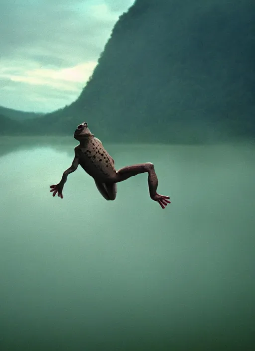 Image similar to semi translucent smiling frog amphibian hovering over misty lake in Jesus Christ pose, cinematic shot by Andrei Tarkovsky, paranormal, spiritual, mystical