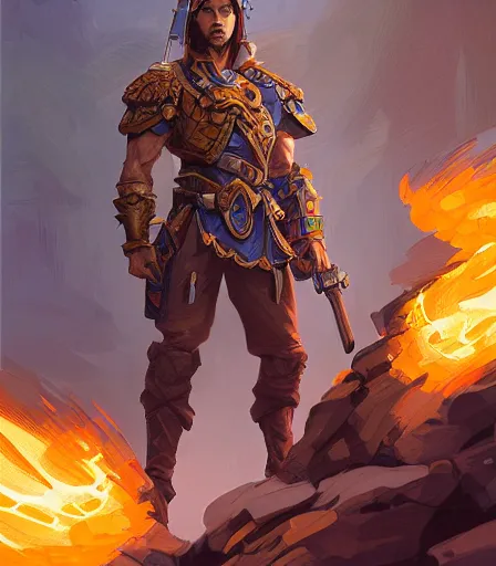 Image similar to ready to fight soldier with blue and yellow flag, fire background, fire burst, muscular masculine figure, art nouveau, D&D, fantasy, intricate, elegant, highly detailed, digital painting, artstation, concept art, matte, sharp focus, illustration, hearthstone, art by Artgerm and Greg Rutkowski and Alphonse Mucha