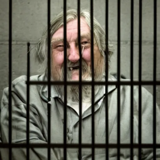 Image similar to laughing robert wyatt sitting in his wheelchair behind bars at a prison, photograph, 4 k