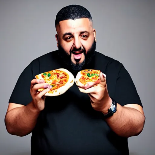 Image similar to studio portrait of DJ khaled with a slide of pizza hanging out of his mouth holding ice cream