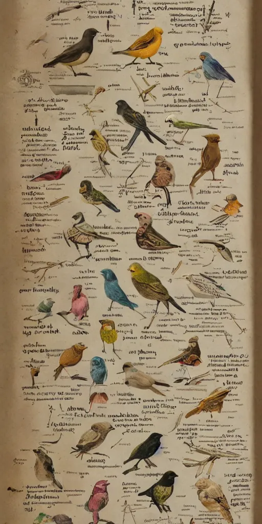 Image similar to anatomy of a bird, diagrams, map, marginalia, sketchbook, old script, inhabited initials, pastel infographic by Wes Anderson