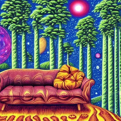 Prompt: psychedelic trippy couch pine forest, planets, milky way, sofa, cartoon by rob gonsalves spruce s - 3 4