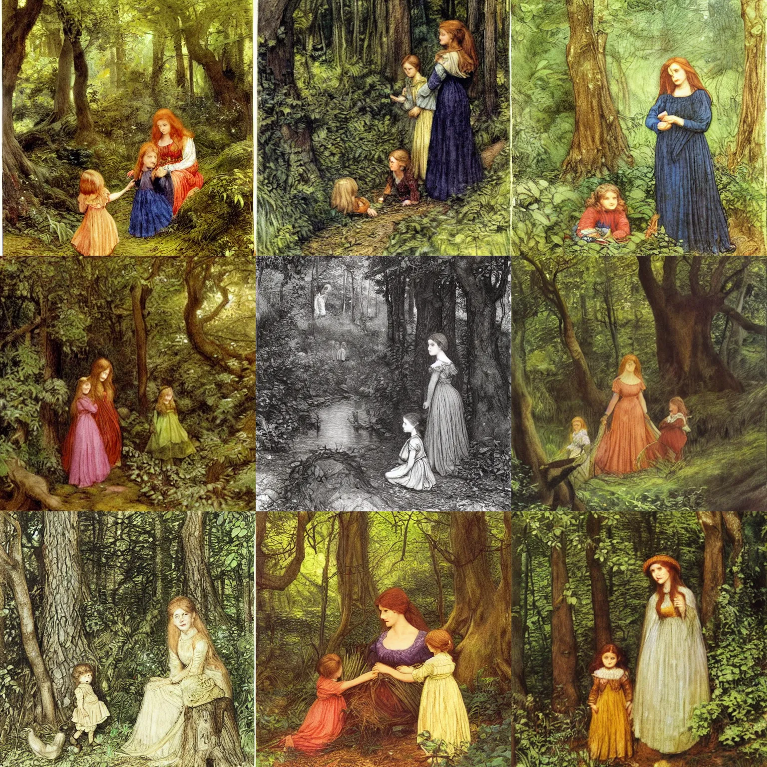 Prompt: a painting of a woman and children in the woods, a storybook illustration by arthur hughes, cg society, pre - raphaelitism, pre - raphaelite, detailed painting, photoillustration