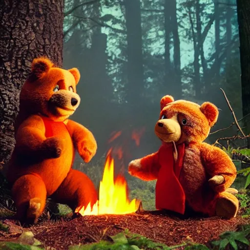 Prompt: candid photo of Teddy Ruxpin on fire in the woods, fighting valiantly against Smokey The Bear by Annie Leibowitz, photorealisitc, extremely detailed