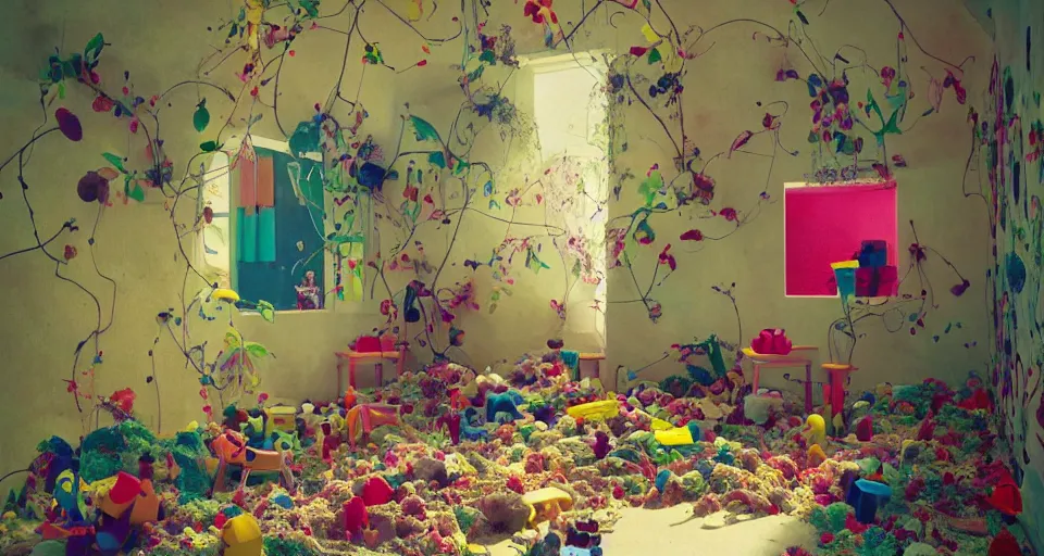 Image similar to IKEA catalogue photo, colorful children's bedroom, rainbow, toys, sand piled in corners, dust, organic, vines, overgrown, tropical, by Beksiński