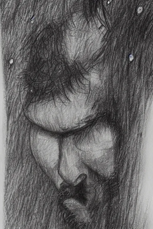 Image similar to the drawn man looks out into the black endless distance in the rain. pencil sketch