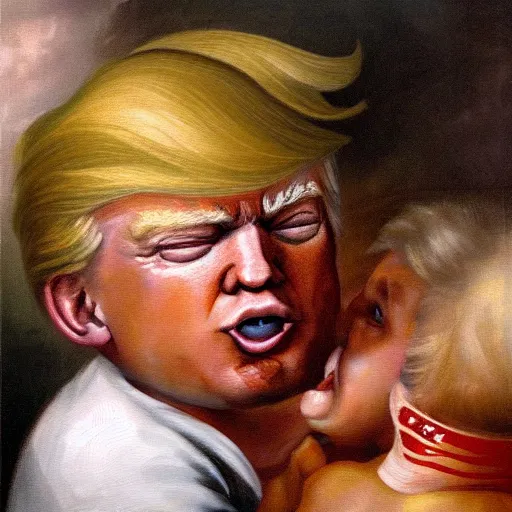 Prompt: a painting of a gigantic Donald Trump eating a boy like Saturn Devouring His Son, 2d, ultra highly detailed, rococo painting, smooth, sharp focus, artstation, pixiv, art by Francisco Goya