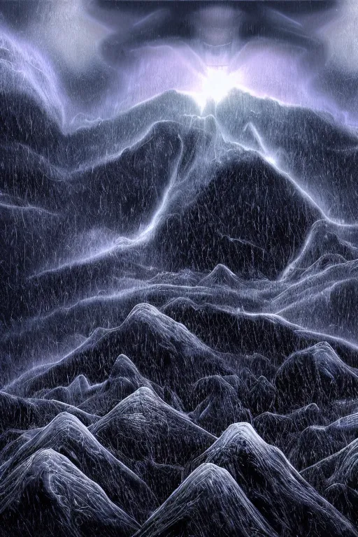 Image similar to digital matte fantasy dreamy mountain scape dark tones snow, alien landscape, photo realism, storm, 8 k by alex grey