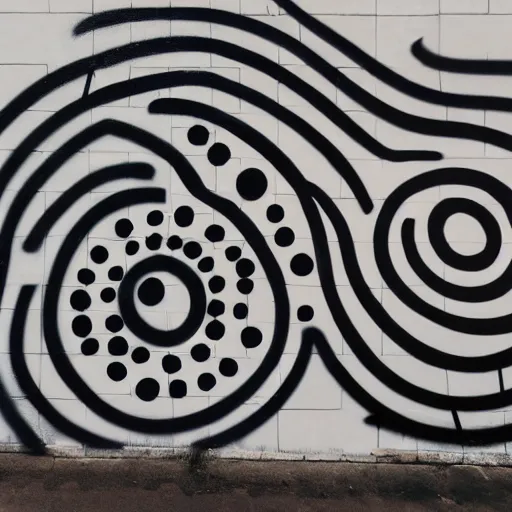 Prompt: wall with graffiti of man with one eye made with circles and lines
