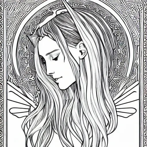 Image similar to clean simple line art of a cute beautiful unicorn. no background. well composed, clean coloring book page. coloring book line art by artgerm and greg rutkowski and alphonse mucha