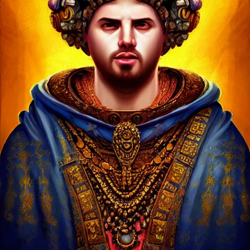 Image similar to detailed portrait of emperor nero, old roman style, non - reflective blue neon cloak, decorated with traditional roman ornaments by rhads, makoto shinkai cyril rolando, madgwick illustrated, perfect face, fine details, realistic shaded, fine - face, pretty face