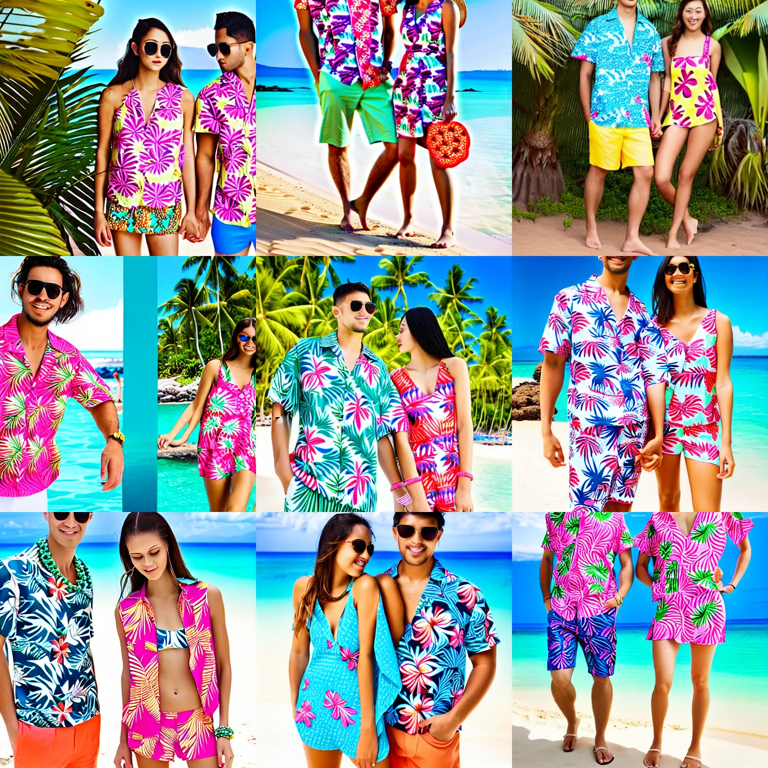 Prompt: his and hers matching resort wear, ugliest hawaiian print, attractive young couples in coordinated outfits, gaudy, fashion product photography