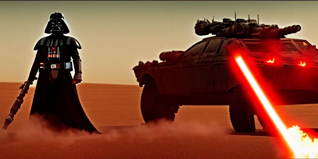Image similar to a symmetrical, medium shot of Darth Vader standing on a driving armored post apocalyptic battle car in the desert and firing a flamethrower, Mad Max Fury Road, film still, sandstorm, fire, highly realistic, center frame, spikes, flags, dust, 4K anamorphic, sun beams