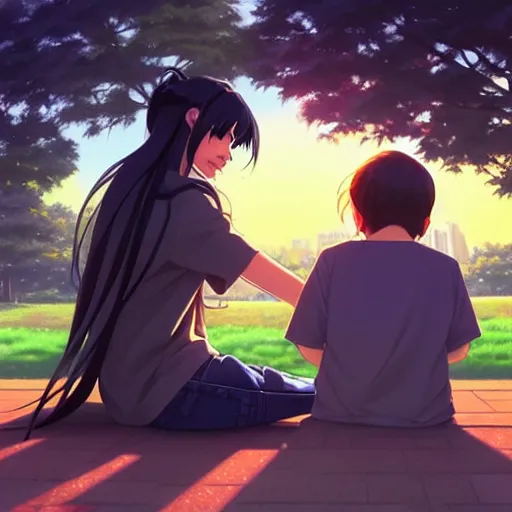 Image similar to a beautiful girl with long dark hair, sitting in the park next to a young boy who has dark hair, sunset, evening, sharp focus, intricate, digital painting, artstation, official media, anime key visual, highly detailed, rich vivid colors, ambient lighting, illustration, art by Artgerm, Makoto Shinkai, Ilya Kuvshinov, Lois Van Baarle, and Rossdraws