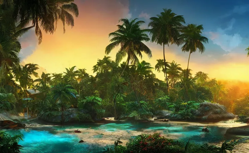 Image similar to a tropical resort in a jungle paradise, with a beautiful red and blue sunset, dynamic lighting, photorealistic fantasy concept art, trending on art station, stunning visuals, creative, cinematic, ultra detailed, ray tracing, sun rays, native tribes, wonderous waters, amazing detail