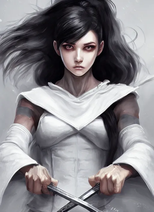 Image similar to a highly detailed illustration of fierce messy ponytail black haired one armed delinquent woman wearing long white coat cape, dramatic wielding sword pose, muscular, intricate, elegant, highly detailed, centered, digital painting, artstation, concept art, smooth, sharp focus, league of legends concept art, wlop.