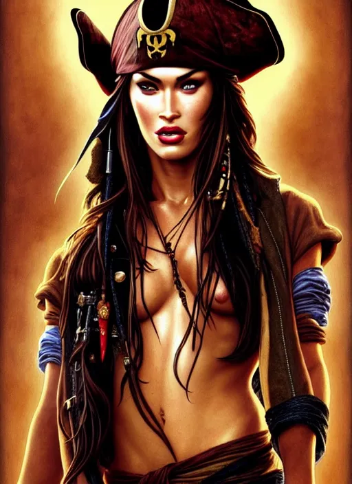 Image similar to portrait of megan fox as pirate, scarf, eyepad, gold, sails, pirates if the caribbean, intricate, headshot, highly detailed, digital painting, artstation, concept art, sharp focus, cinematic lighting, illustration, art by artgerm and greg rutkowski, alphonse mucha, cgsociety