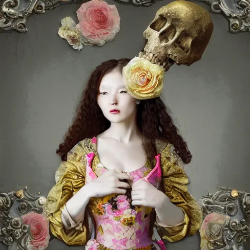 Image similar to 8k, octane render, realism, tonalism, renaissance, rococo, baroque, portrait of a young lady wearing long harajuku manga dress with flowers and skulls, background chaotic gold leaf flowers