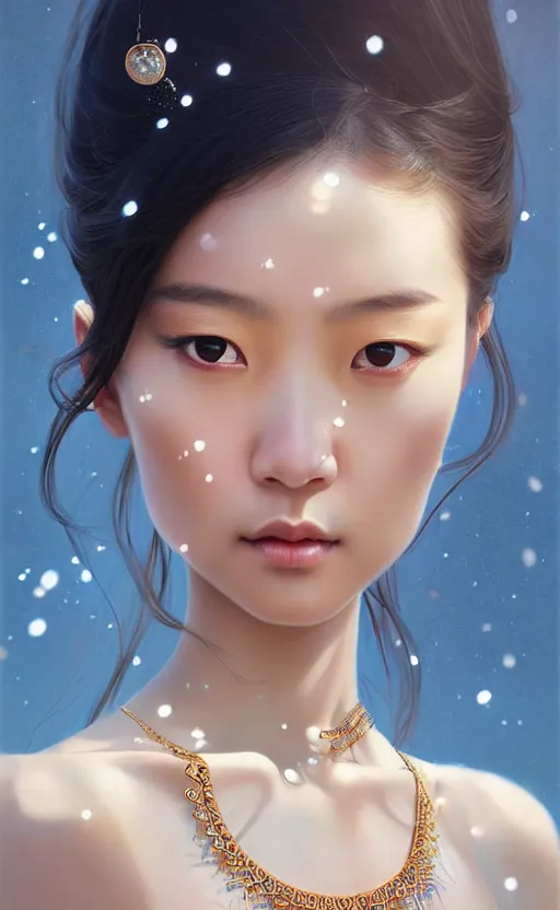 Image similar to a beautiful young charming asian goddess with sundress + jewelry + shinny eyes | | winter, symmetric, realistic shaded, unpleasant face, good looking, fine details, dior, lv, realistic shaded lighting poster by greg rutkowski, macoto takahashi, magali villeneuve, artgerm, jeremy lipkin and michael garmash