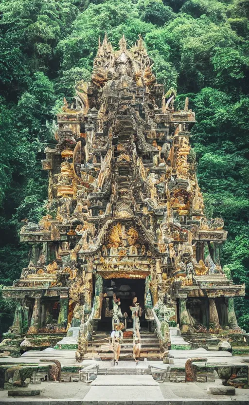 Image similar to a huge magical temple in the middle of a jungle, epic lighting, epic composition ,marble shrine