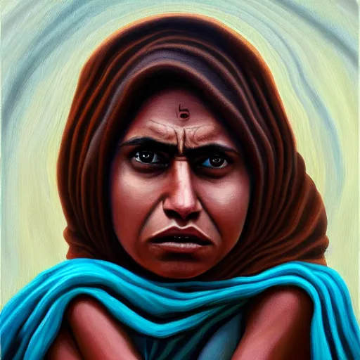 Prompt: a painting of a brown woman terrified of three brown men, hyperrealistic faces, detailed digital art, aesthetic!, trending on artstation,