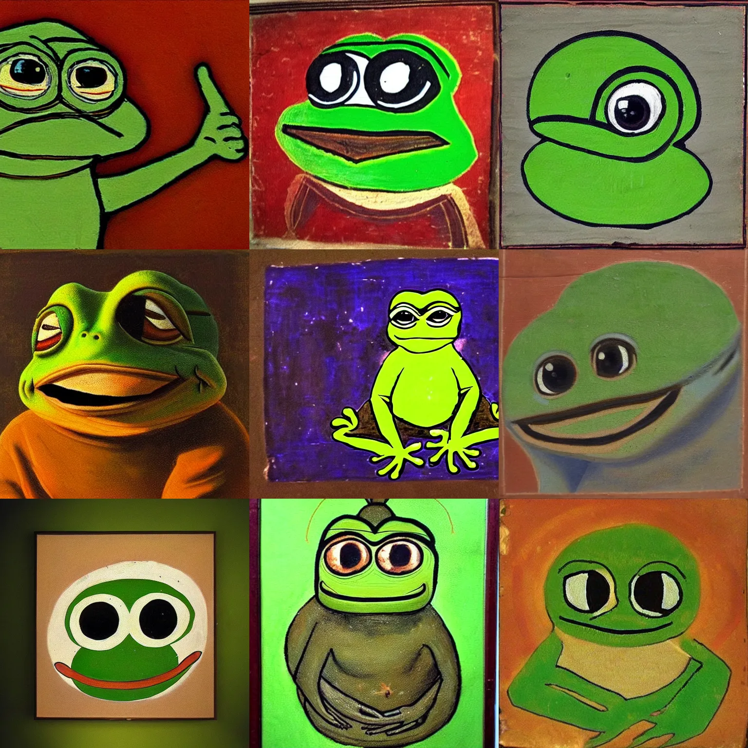 Prompt: ancient painting of pepe the frog in the rays if light