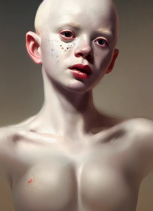 Prompt: portrait of an albino girl, freckles, no hair, serious, 1 9 5 0 s, intricate, elegant, glowing lights, highly detailed, digital painting, artstation, concept art, smooth, sharp focus, illustration, art by wlop, mars ravelo and greg rutkowski