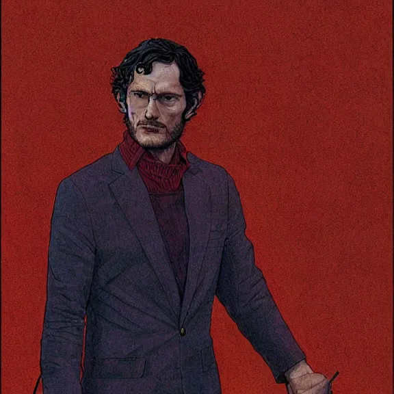 Prompt: will graham, hannibal, red, dark, by jean giraud, golden ratio, environment, hyper detail, concept artbook