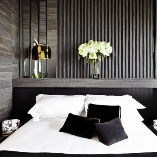 Image similar to bedroom, interior design, stylish luxury hotel bedroom design, black vertical slatted timber, !stone, textures, feminine, black walls, art, vase with flowers, Japanese and Scandinavian influences