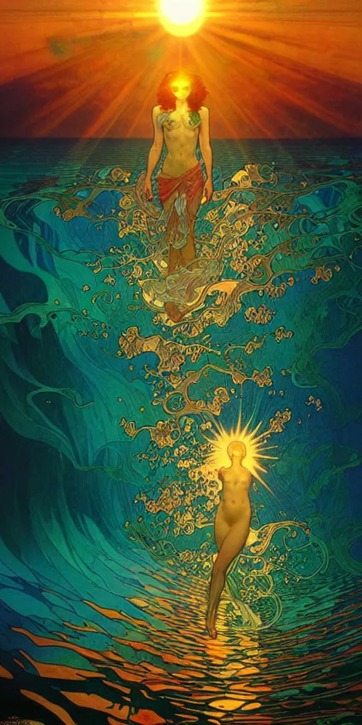 Image similar to ocean wave around psychedelic mushroom, dmt water, lsd droplets, backlit, sunset, refracted lighting, art by collier, albert aublet, krenz cushart, artem demura, alphonse mucha