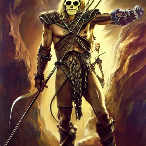 Prompt: ultra realistic portrait painting of skeletor as legolas, art by frank frazetta, 4 k, ultra realistic, highly detailed, epic lighting