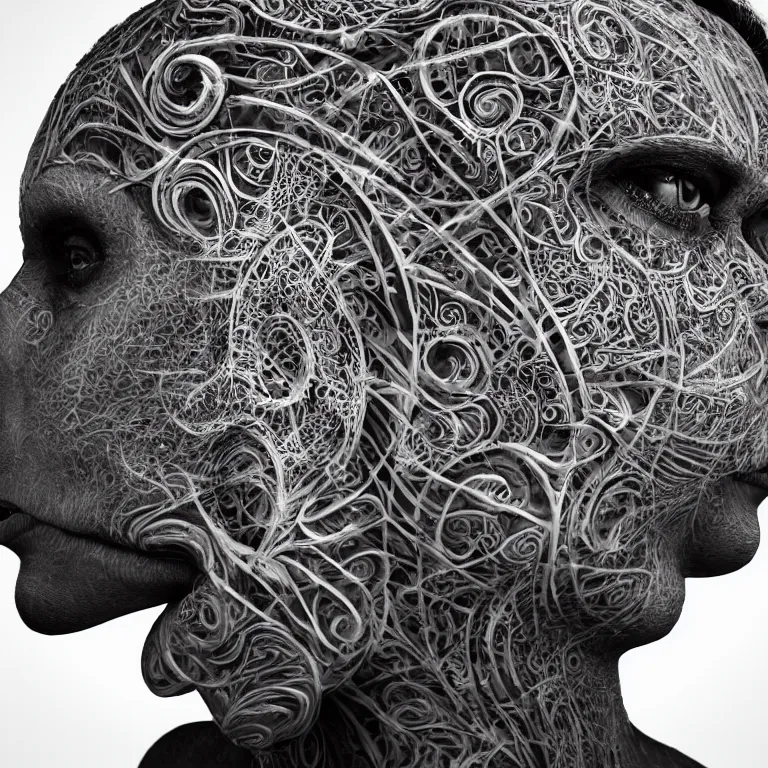 Image similar to surreal spinal ribbed tribal exotic organic face portrait of a beautiful cult member wearing occult, beautiful detailed intricate insanely detailed BW 3D render digital art, octane render, 8K artistic photography, photorealistic