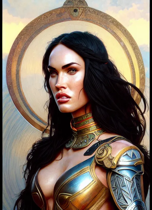 Image similar to portrait of megan fox as gladiator, roman, shield, arena, intricate, headshot, highly detailed, digital painting, artstation, concept art, sharp focus, cinematic lighting, illustration, art by artgerm and greg rutkowski, alphonse mucha, cgsociety