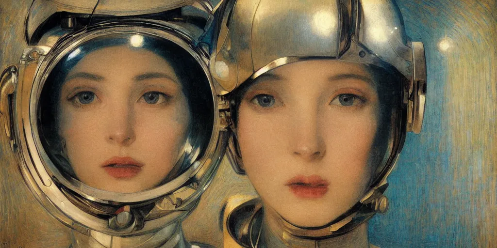 Image similar to portrait of a beautiful chrome female robot wearing a space helmet, lush lips, big eyes, reflections, mirroring, stars in space, warm azure tones, heavy lensflare, color bleed, film grain, depth of field, jules bastien - lepage, rudolph belarski, johfra bosschart, alexandre cabanel