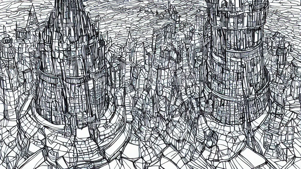 Image similar to aerial view centered on a wizard tower that's surrounded by mountains, lineart, colored