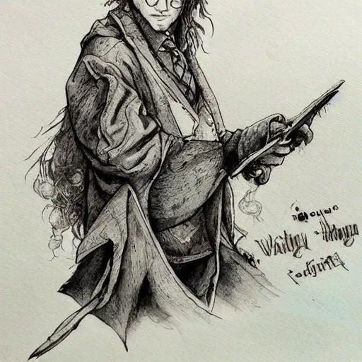 Image similar to beautiful aesthetic inspirational masterful professional ink pen and watercolor sketch of harry potter school of wizardry, ultra detailed, fine details, trending on artstation, high quality paper