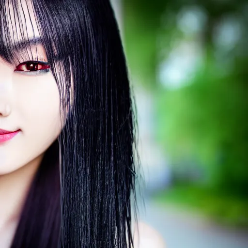 Prompt: a beautiful close up portrait photo of a very beautiful young Chinese female model wearing cybergothic clothing, bright coloured streaks of hair, cute smile, beautiful detailed eyes, golden hour in Manhattan, outdoors, professional award winning portrait photography, Zeiss 150mm f/2.8 Hasselblad