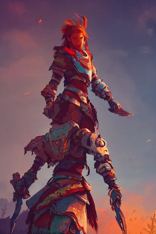 Image similar to combination suit armor aloy horizon forbidden west horizon zero dawn radiating a glowing aura global illumination ray tracing hdr fanart arstation by ian pesty and alena aenami artworks in 4 k tribal robot ninja mask helmet backpack