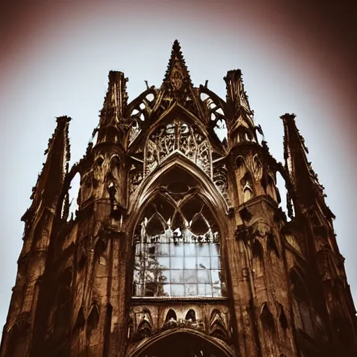 Image similar to Sprawling shot of a Vampire standing on top of a colossal gothic building, it is full moon and mist engulfed the streets; arstation, masquerade