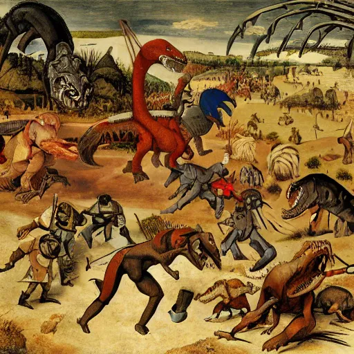 Image similar to adventurers battling a tyrannosaurus, in the style of pieter bruegel