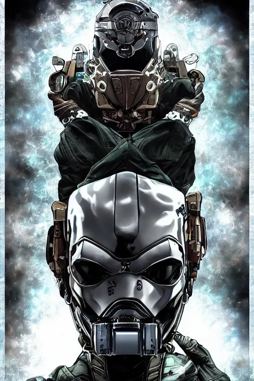 Image similar to cyber cyborg ninja mask helmet metal gear solid artic suit swat commando, global illumination ray tracing hdr fanart arstation by sung choi and eric pfeiffer and gabriel garza and casper konefal, a spectacular view cinematic rays of sunlight comic book illustration, by john kirby