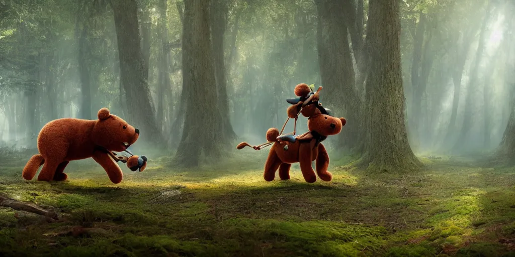 Image similar to a giant ant is riding a giant teddy bear in a forest, moody, cinematic light, matte painting, concept art, highly detailed, 8k