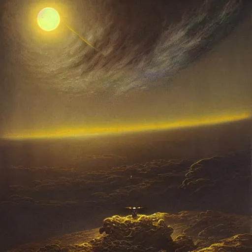 Image similar to starship, solar eclipse, looming over the earth, artstation hq, painting by gustave dore