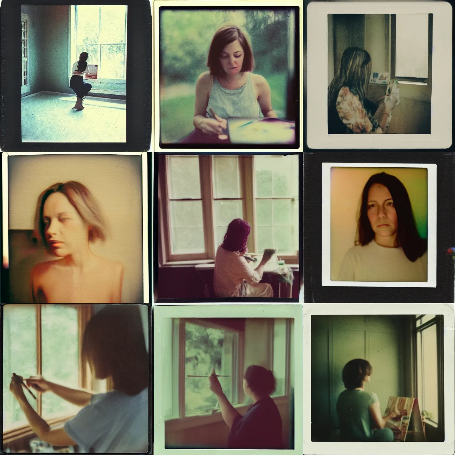 Prompt: instax polaroid film photo of a woman painting an eerie self portrait in a sunroom, nostalgia, faded glow, expired film analog photography, grainy texturized dusty, saturated colorized