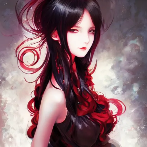 Prompt: Semi realistic anime illustration of black haired long hair woman, with beautiful hyperdetailed red eyes, wearing dress, front shot, full face portrait made by Stanley Artgerm, WLOP, Rossdraws, James Jean Andrei Riabovitchev, Marc Simonetti, Yoshitaka Amano, Artstation