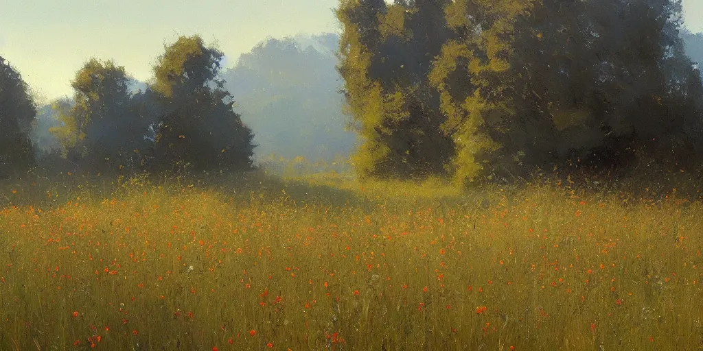 Image similar to an oil painting of a beautiful meadow; masterpiece; extremely-detailed; by Craig Mullins