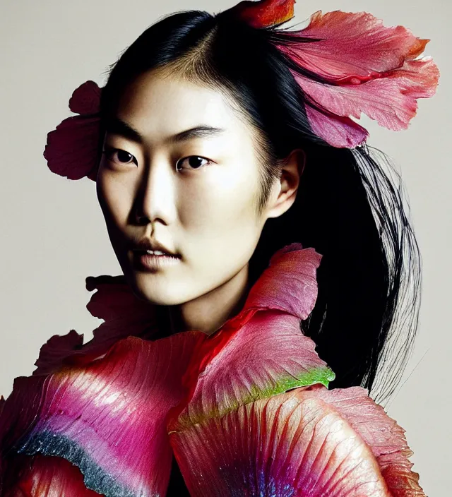 Prompt: photography facial portrait of liu wen, natural background, natural pose, wearing stunning cape by iris van herpen, with a colorfull makeup. highly detailed, skin grain detail, photography by paolo roversi, nick knight, helmut newton, avedon, araki