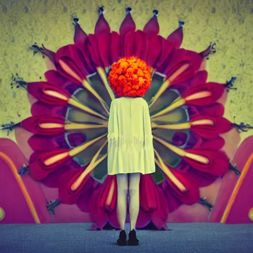 Image similar to giant flower head, frontal, girl standing in mid century hotel, surreal, symmetry, bright colors, cinematic, wes anderson